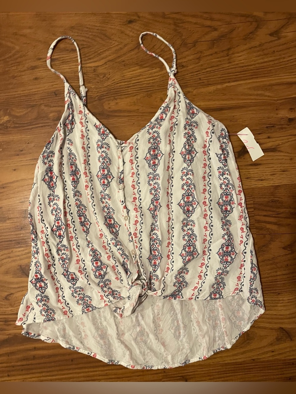 Japna Cute White Camisole with Blue and Pink Print and Front Tie size medium